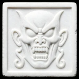 the rectangular white stone slab is carved with horrible graphics