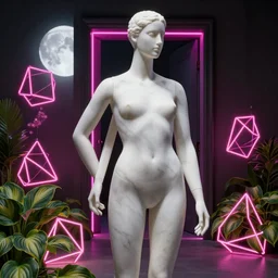 beautiful marble sculpture of a mannequin by billelis + lit with 3 d geometric neon + hosta flowers!!!, moon in background!, facing a doorway opening with neon pink geometric light, confident, moody, award winning, clean linework, dramatic, finely detailed, 4 k, trending on artstation, photorealistic, volumetric lighting, octane render