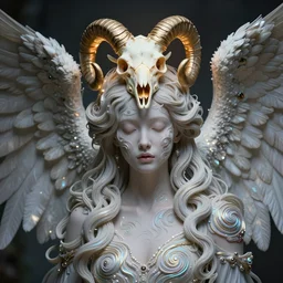 surrealistic, portrait of a fallen angel, iridescent detail, swirl 3 / 4 contoured beautiful face, 6 - winged goddess, glowing intricate phoenix ram skull mask by tooth wu and wlop. octane rendering, popular on artstation, greg rutkowski film, surreal, high detail, octane rendering, 8 k,