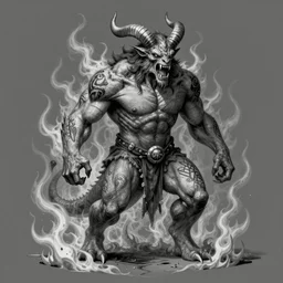 full body, grayscale, 3/4 view, three quarter view, balrog, demon, muscled, large teeth, large horns, heroic pose, arms to side, hoofs, claws, long tail with horns, engulfed in swirling flames, tattoo, stylized, tarot, Gustave Dore