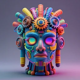 a glossy claymodel of a steampunk aztec futuristic robot head, top of the head is made of gears and wires and multicolored glowing tubes, eyes are multicolored led screen, 8 k, front shot, symetrical, flourescent colors, halluzinogenic, multicolored, insanely detailed, 3 d render, octane