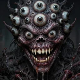 a creepy monster beast with hundreds of eyes, scary smiling mouth with strings of salive, sharp teeth, horror art, intricate, extremely detailed, sharp
