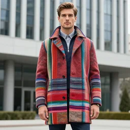 commercial fashion photography of handsome white man in colourful peruvian overcoat, corporate architecture in background.