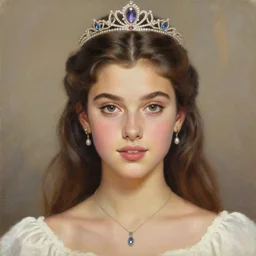 clothed in blouse, tiara, necklace, earrings. close - up face portrait painting of young princess, rule of third, by boris vallejo.