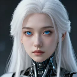 detailed portrait of perfect white haired girl, cyborg, beautiful, pretty face, blue eyes, innocent, scifi, 4 k, sun yunjoo, ultra realistic, highlights, cinematic lighting, highly detailed, sharp focus, artstation, masterpiece, art by emika lightweaver