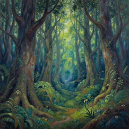 mystical forest, illustration painting, oil on canvas, intricate, hd, digital art, overdetailed art, complementing colors, detailed, illustration painting by alex gray, digital art, moebius