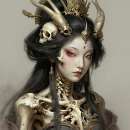 stunning japanese goddess of skull portrait, bones, skull, dirt, fantasy, intricate, elegant, highly detailed, digital painting, artstation, concept art, smooth, sharp focus, illustration, art by afshar petros and krenz cushart and artem demura