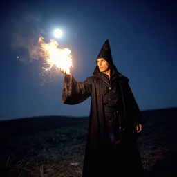 a very good looking and dramatic sorcerer holds out their hand from which a blast of bright magic flies, on an empty moonlit hill, dramatic lighting, lens flare, 3 5 mm full frame professional photography, kodachrome