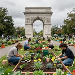 survivors working in a craft garden built in washington dc's square, cloudy day, hyperdetailed, artstation, cgsociety, 8 k