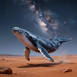 whale on mars, photorealistic, very detailed, high definition mars landscape, gorgeous whale, stars and milky way in the sky, award winning photograph