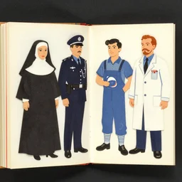 a paper cut out and dress up book from the 1 9 8 0's featuring lenin. outfits include a nun, a policeman, a plumber and a doctor.
