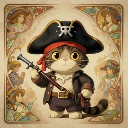 pirate cat, desktop background, path traced, highly detailed, high quality, digital painting, by studio ghibli, lise deharme, alexander jansson, paul lehr, tim white, hans zatzka, george stubbs, louis wain, alphonse mucha, louis anquetin, theodore chasseriau, vittorio matteo corcos