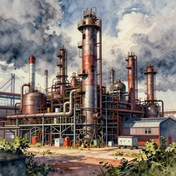 Industrial complex colorful Watercolor, highly detailded