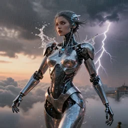 a biblical diabolical beautiful female cyber robot girl, shiny hi tech armor, dynamic pose, splashing, heavy eyes to the side, art gallery, glowing veins and cracks, in clouds, rain and lightning storm, sunset, portrait, by gerald brom, by mikhail vrubel, by peter elson, muted colors, extreme detail, reflections, trending on artstation, 8 k