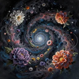 An epic fantastic realism comic book style painting of the most beautiful spiraling flowers launched across the dark and starry night sky, nebulous bouquets, fisheye lens, unreal 5, DAZ, hyperrealistic, octane render, dynamic lighting