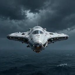 a small, symmetrical alien ship flies above a stormy ocean, sci-fi concept art, unreal engine 3d