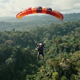downward view of sky divers parachuting downward, Amazon jungle setting, Photorealistic, establishing shot, cinematic lighting, , dramatic lighting, atmospheric, realistic, octane render, highly detailed, color graded, matte painting in the style of craig mullins