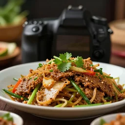 close - up focused dslr photograph of an cambodian dinner, 8 k, high detail, volumetric lighting, hyperrealism, aesthetically pleasing, studio lighting, trending