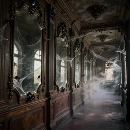 a long hallway of mirrors. victorian interior, with many mirrors, spiders and spiderwebs everywhere, elegant design, haunting atmosphere, dark lighting, gothic, horror style, scary, swirling fog, volumetric lighting, by greg rutkowski, realistic, dutch angle,