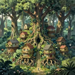 concept art painting of a forest city with houses made of trees and roots, giant trees, realistic, detailed, cel shaded, in the style of makoto shinkai and greg rutkowski and james gurney