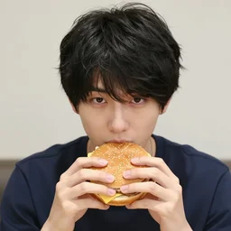 very serious ryosuke takahashi with black hair wearing a dark blue shirt eating mcdonald's cheeseburger sitting on the hood of his mazda rx 7, initial d anime screenshot, initial d anime 1 0 8 0 p, detailed anime face, 1 9 9 8's anime, high detail, 9 0 s anime aesthetic