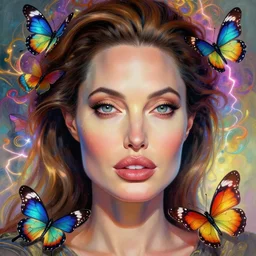colorful butterflies, build a portrait of angelina jolie, intricate, vibrant colors, glowing light, ambient lightning, digital painting, highly detailed, focus on eyes, ray tracing, artstation, concept art, smooth, sharp focus, illustration, art by artgerm and greg rutkowski and alphonse mucha, 8 k