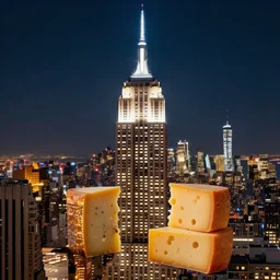 photo of the empire state building made out of cheese at night, bright city lights