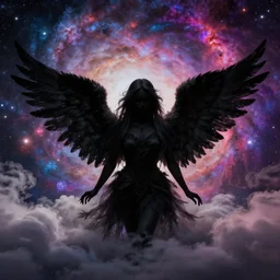 black angel, clouds, galaxies, vibrant colors