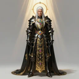 a male warrior wearing black iridescent armor regalia with intricate golden filigree, colorful crystal chandelier jewelry, long white hair, full body shot, god rays, studio lighting, by bouguereau, by Peter Paul Rubens, by Luis Ricardo Falero, by Brom, fantasy character, detailed illustration, hd, 4k, digital art, concept art, trending on artstation