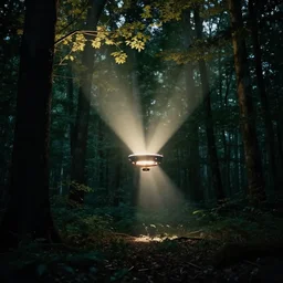 teleportation machine in a dark forest, light shining from the machine and illuminating the trees
