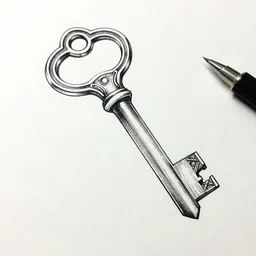 Pen and ink drawing of an intricate key, detailed, paper, photograph