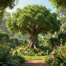 a realistic photograph of the garden of eden with the tree of life in the center, hyperrealistic, cinema 4 d, cinematic, rendering unreal engine 5