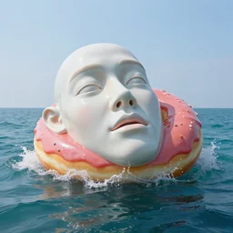 a massive porcelain sculpture of a squashed human face romantic with a giant donut in a giant pool of jelly on ocean water, in the style of johnson tsang, funny sculpture, lucid dream series, cinematic, hyper - realistic, very detailed, realistic water splashes, ray tracing, 8 k resolution, long - shot, sharp focus, low angle, 8 5 mm photograph, wide lens