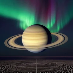 the super giant saturn rises above the horizon through the aurora, art deco, by john harris.