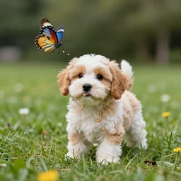 a tiny pinata puppy playing with a butterfly in a meadow, worms eye view, real camera, real life, photorealistic