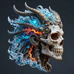 3 d mechanic king with profile portrait, sigma 5 0 0 mm f / 5. beautiful intricate highly detailed quetzalcoatl skull. bioluminescent, plasma, lava, ice, water, wind, creature, cyberpunk, artwork by tooth wu and wlop and beeple and greg rutkowski, 8 k trending on artstation