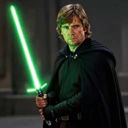 luke skywalker holding a green lightsaber wearing a dark cloak