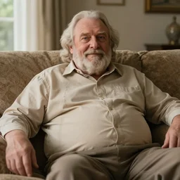 cozy wide picture of older handsome lord richard is sitting gracefully on a sofa, his eyes look wise, happy wise. oh he is a human by the way, wear's beige shirt, has firm belly