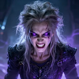 portrait of an angry, unkempt, evil thirty year old supervillian with light ashen hair and vivid violet eyes, dystopian future atmosphere, fantasy, glowing, aura