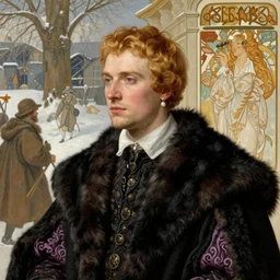 intricate beautiful medium - shot, highly detailed, young male man wearing a small earring with pearl ( ( ( no beard, bald chin ) ) ) blonde reddish hair, in winter clothes of 1 7 th century, lilac and black clothes, black!!! fur coat, black furcoat, winter fair, matte painting, renaissance painting, by leyendecker, by artgerm, rutkowsky, by perov, by repin, by mucha, by botticelli