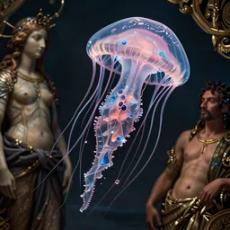 elaborate photorealistic cyber jellyfish in the style of botticelli and paul gauguin with cyberpunk liberty and flemish baroque details. hd matte background