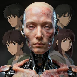 hyper - realistic portrait a robot made of human skin and flesh, celshading, sharp focus, intricate, detailed, by rhads, andreas rocha, makoto shinkai, lois van baarle, ilya kuvshinov and greg rutkowski, by greg rutkowski, dynamic lighting, sharp focus, grunge aesthetic, 4 k