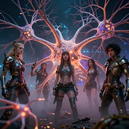 dense web of neurons firing, psychedelic lights and fog, guns n roses imagery, zdzislaw, ayami kojima, yamamoto, barclay shaw, karol bak, hyperrealist, 8 k, steampunk