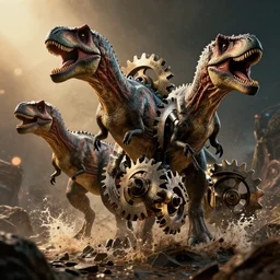 dinosaurs in gears of war, splash art, hyperdetailed realistic, splash art, movie still, cinematic lighting, ray tracing, octane render, long lens, shallow depth of field, bokeh, anamorphic lens flare, 8 k, hyper detailed, 3 5 mm film grain