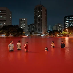 sao paulo flooded with red colored water, at night, 4 k, rtx, volume light, concept, studio matte painting, artstation, artur tarnowski, mihai muscan, marcin tomalak, marta leydy, marcin stepien, charlotte hughes