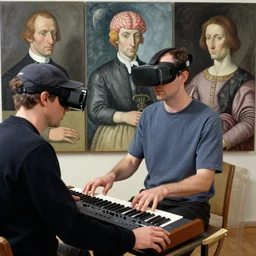 man with cap wearing vr - brain - interface plays a modular synthesizer. painted by francis bacon, hieronymus bosch, giuseppe arcimboldo, albrecht durer, eric lacombe.