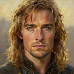 Orlando Bloom as Aragorn by Alan Lee, very detailed eyes, golden hour, concept art, detailed clothing, art station, oil painting