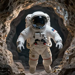 A photorealistic 3D render of an astronaut floating in a cave, by stuz0r, trending on instagram, trending on artstation, volumetric lighting, Photoreal Octane Render, PBR Texturing, physical based render,