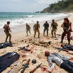 The beach is littered with weapons, carnage and suits. Red, khaki and silver are the new colors of what was once a peaceful beach, which has now become the stage of a full-blown invasion. The air which would normally carry the sounds of a large waterfall, small rivers and nature's wildlife is now heavy with the screams of dying fighters and the scent of their blood, enough to destroy whatever courage is left in the survivors.