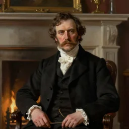 portrait of a victorian aristocrat sitting by a fireplace, victorian male, detailed face, fantasy, highly detailed, cinematic lighting, digital art painting by greg rutkowski